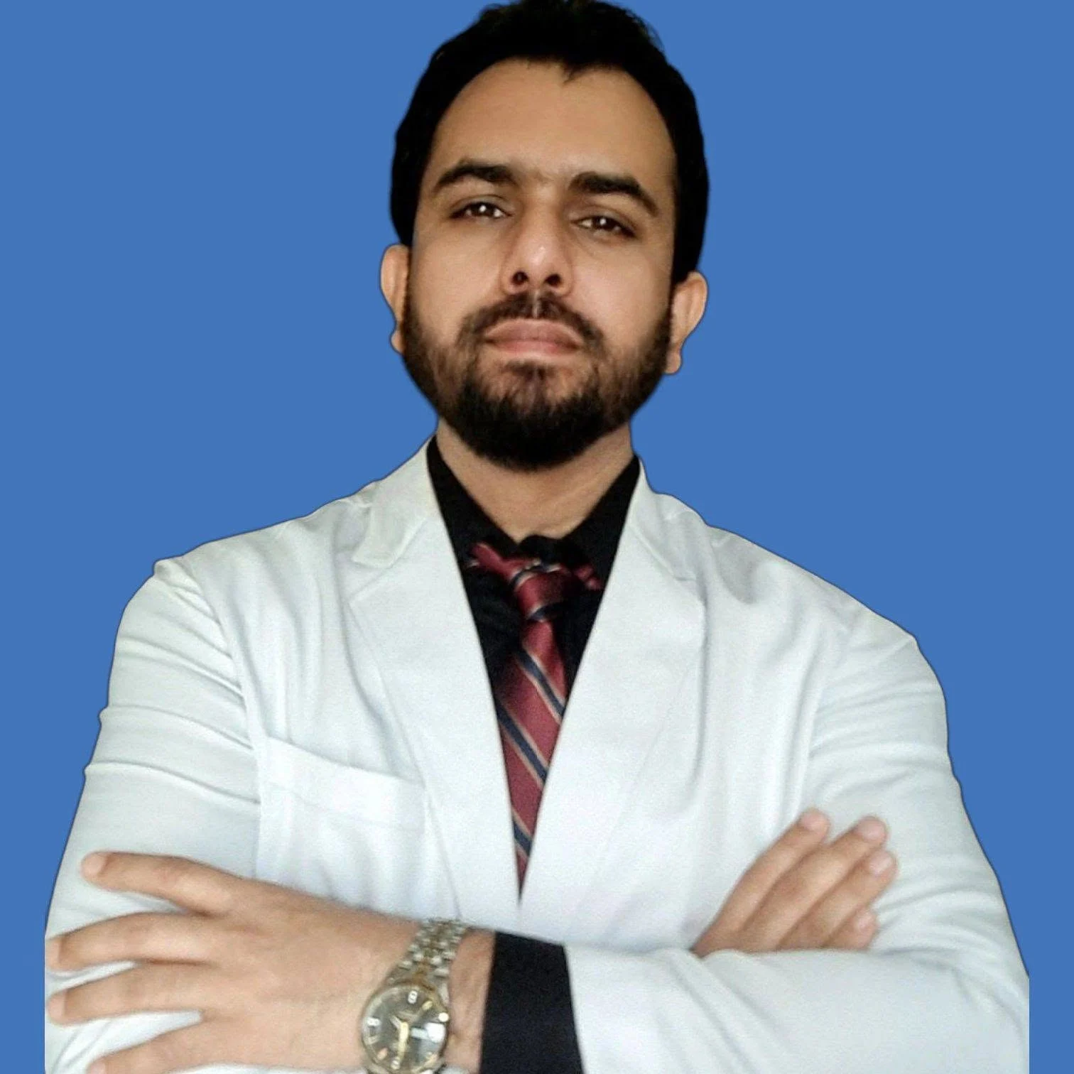 Dr. Mahfuz Ahmed Ronok in a white coat, arms folded